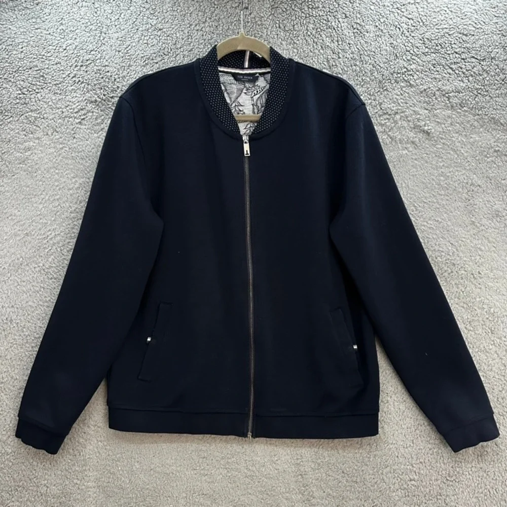 Ted Baker London Mens Large Navy Blue Full Zip Bomber Jacket Leaf Lining Comfort
